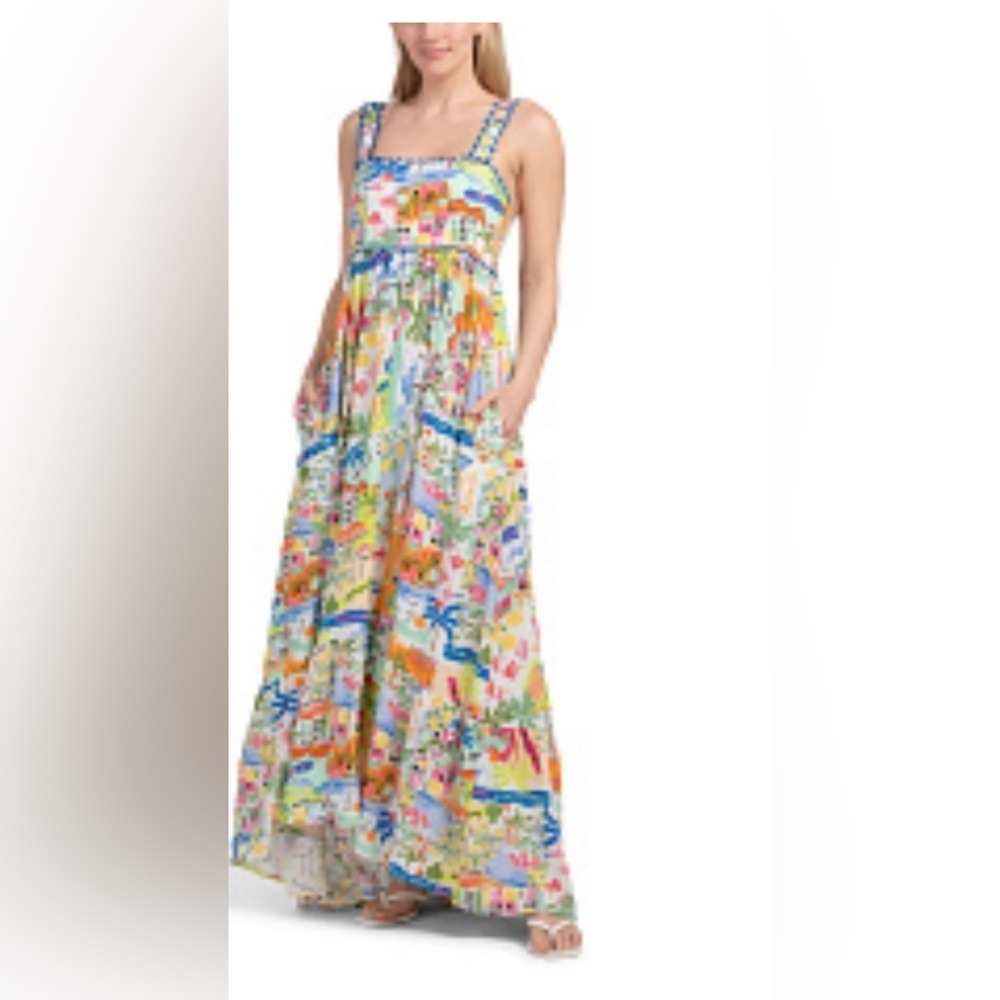 WHITE CLOSET ELEMENTS Colorful City print Maxi Dress. 100% Rayon. Size S